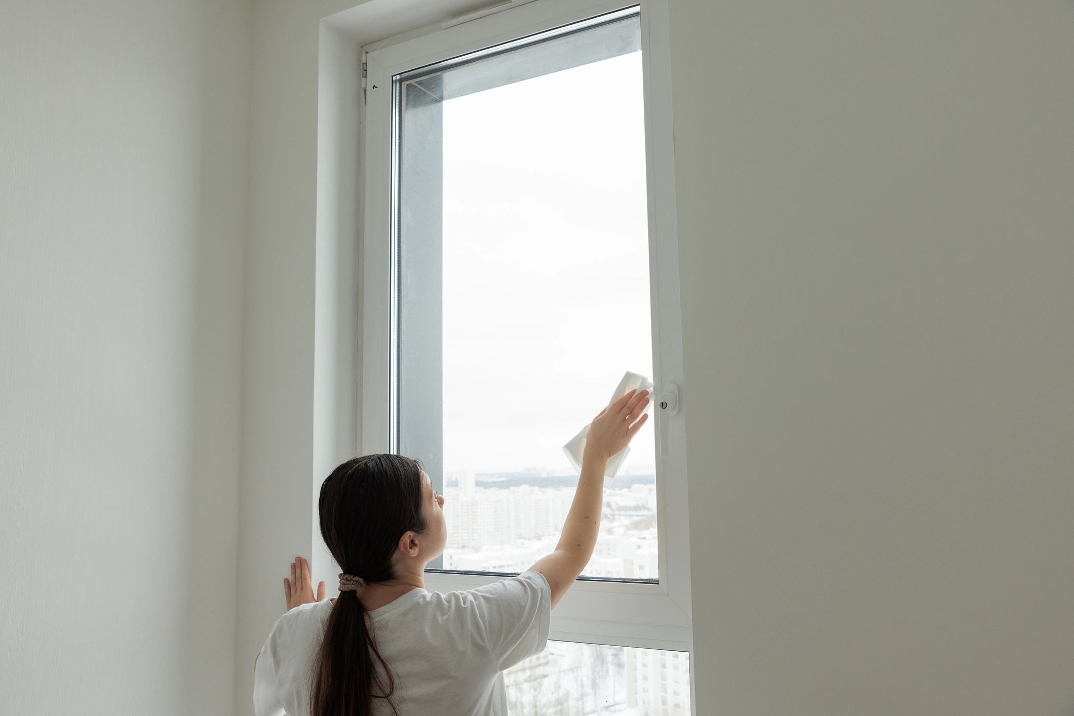 Cleaner washing a large interior window